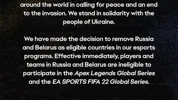 Electronic Arts förbjöd spelare från Ryssland och Vitryssland från att delta i turneringar på Apex Legends och FIFA 22
