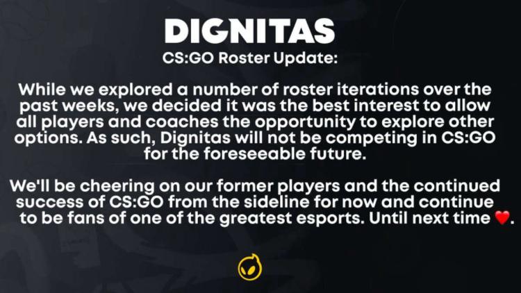 Dignitas avvecklar sin tidigare lista och lämnar CS:GO