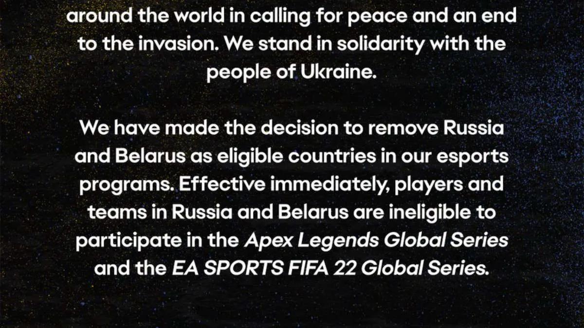 Electronic Arts förbjöd spelare från Ryssland och Vitryssland från att delta i turneringar på Apex Legends och FIFA 22