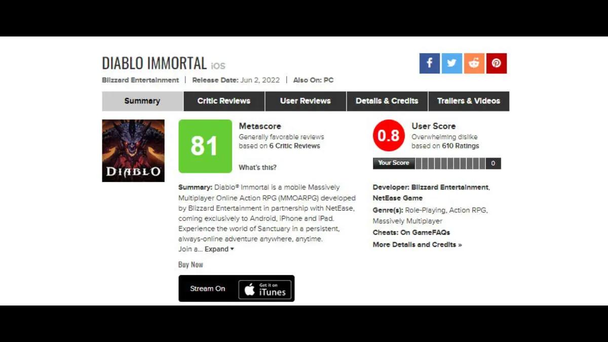 Diablo Immortal var bland de två bästa spelen med sämst betyg på Metacritic