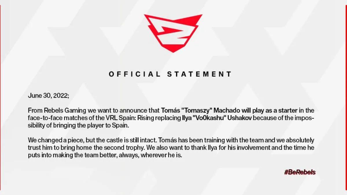 Rebels Gaming kommer att uppträda på VRL Spain: Rising med ett byte