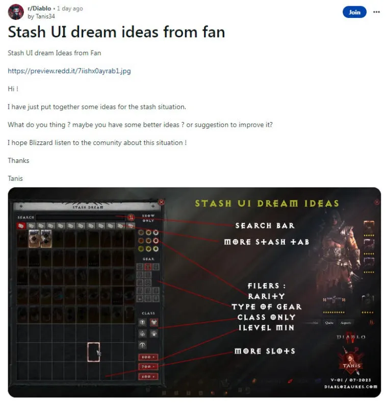 Innovative Diablo 4 Player Designs Enhanced Stash User Interface Concept. Photo 1